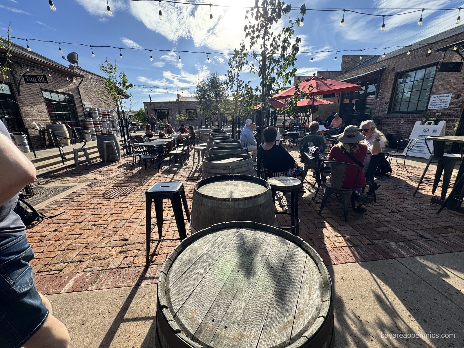 A line of barrels makes a fence along a populated brick beer garden area with people seated at various tables and red umbrellas set up to provide shade.