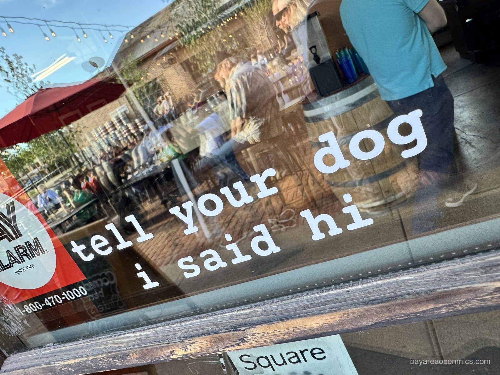 a sign in the window reads, 'Tell your dog I said hi'
