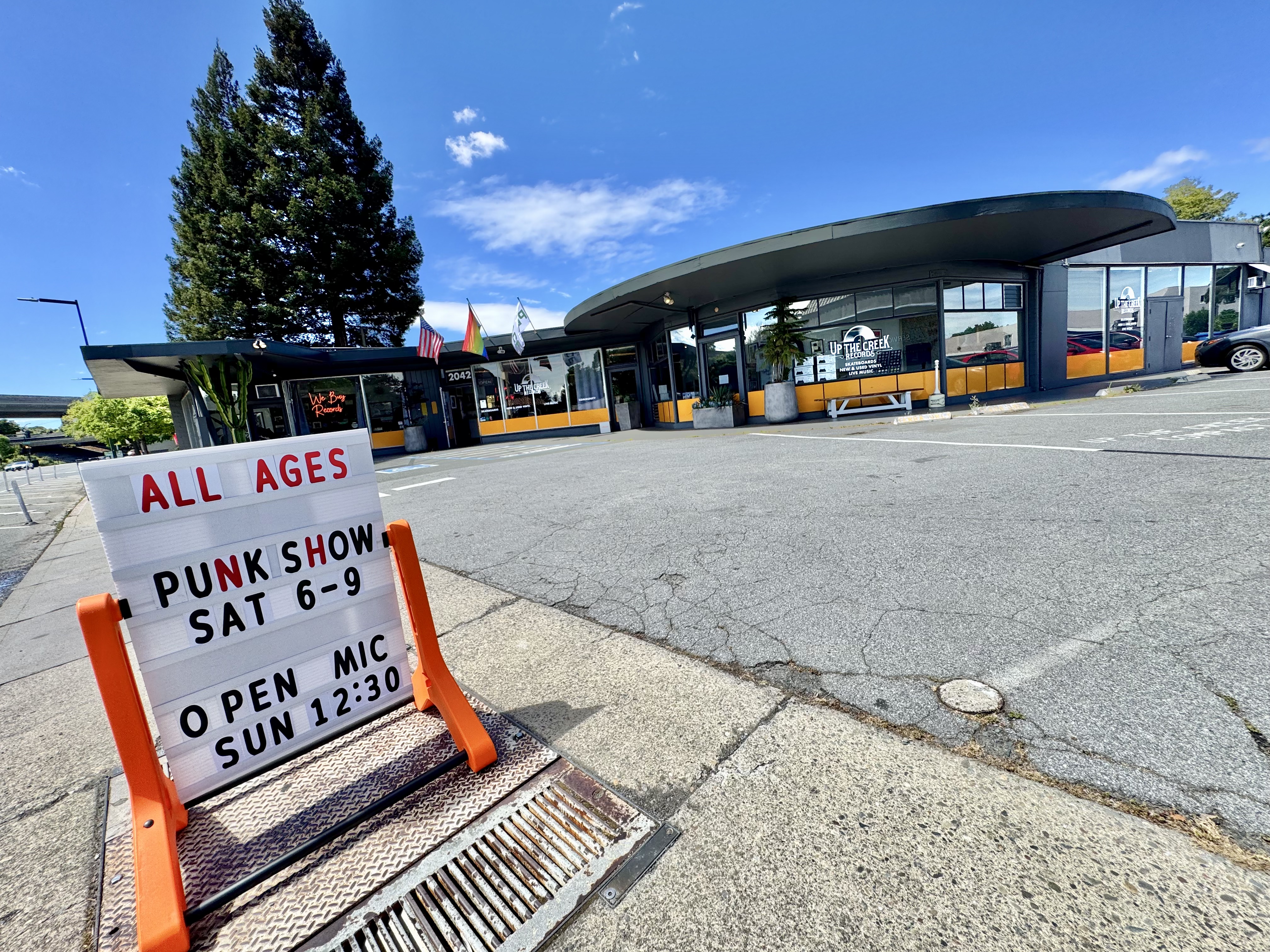 The swooping, mid-century-modern shopfront of Walnut Creek's Up the Creek Records