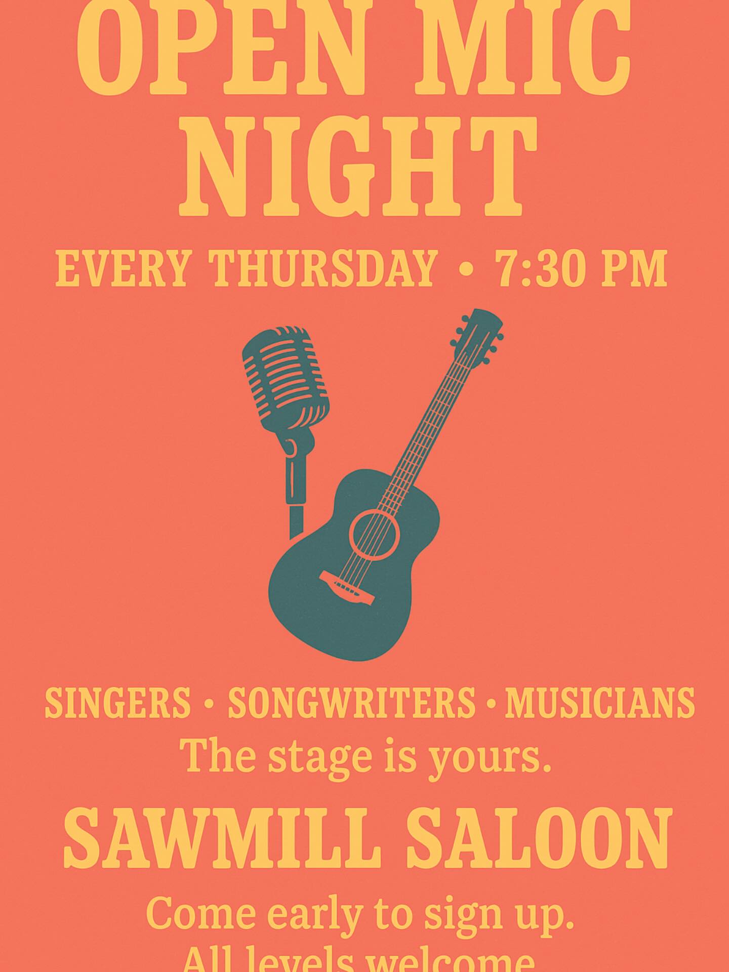Flyer for Sawmill Saloon Open Mic at Sawmill