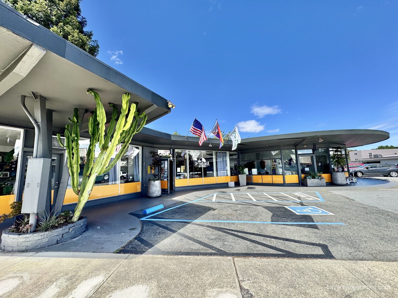 The mid-century-modern facade of Up The Creek Records in Walnut Creek
