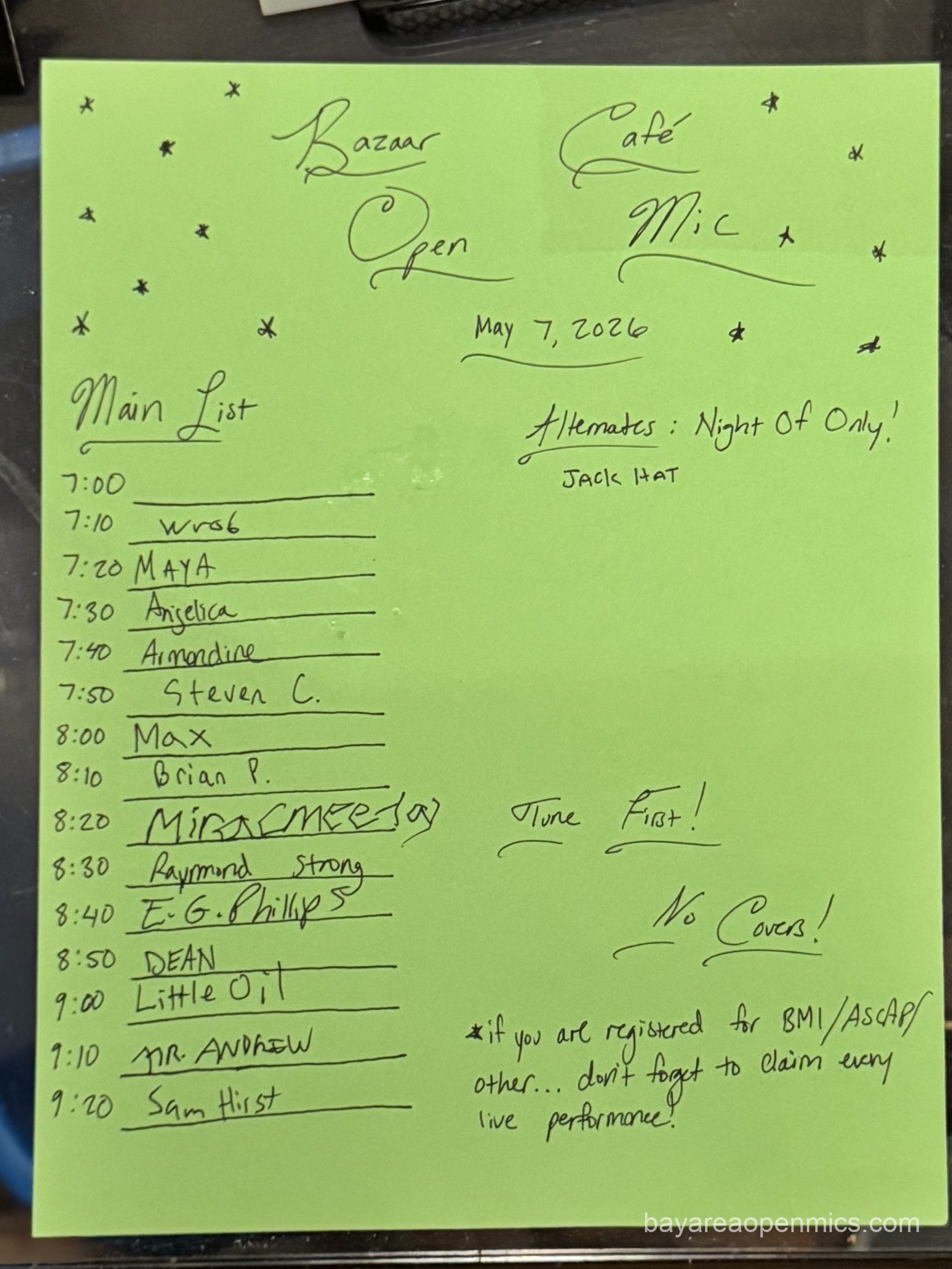 The sign-up list at The Bazaar Cafe open mic