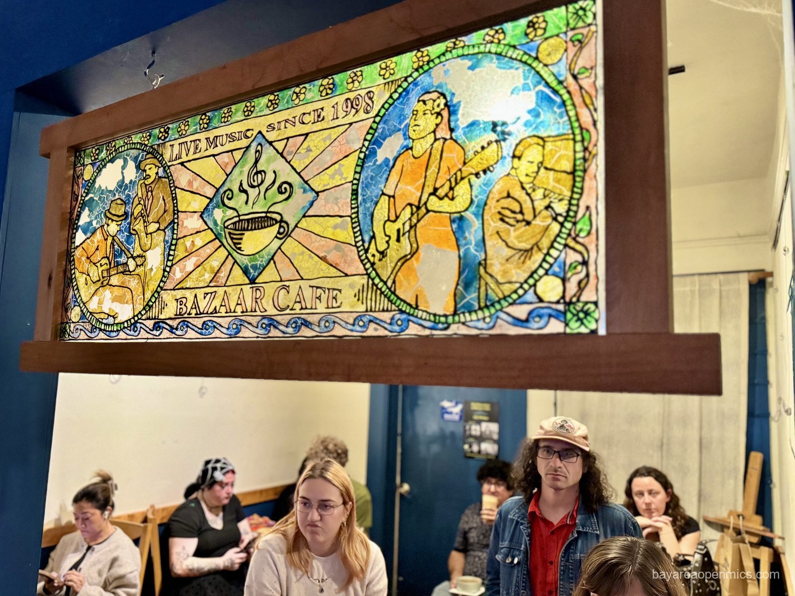 The stained glass window inside The Bazaar Cafe in San Francisco