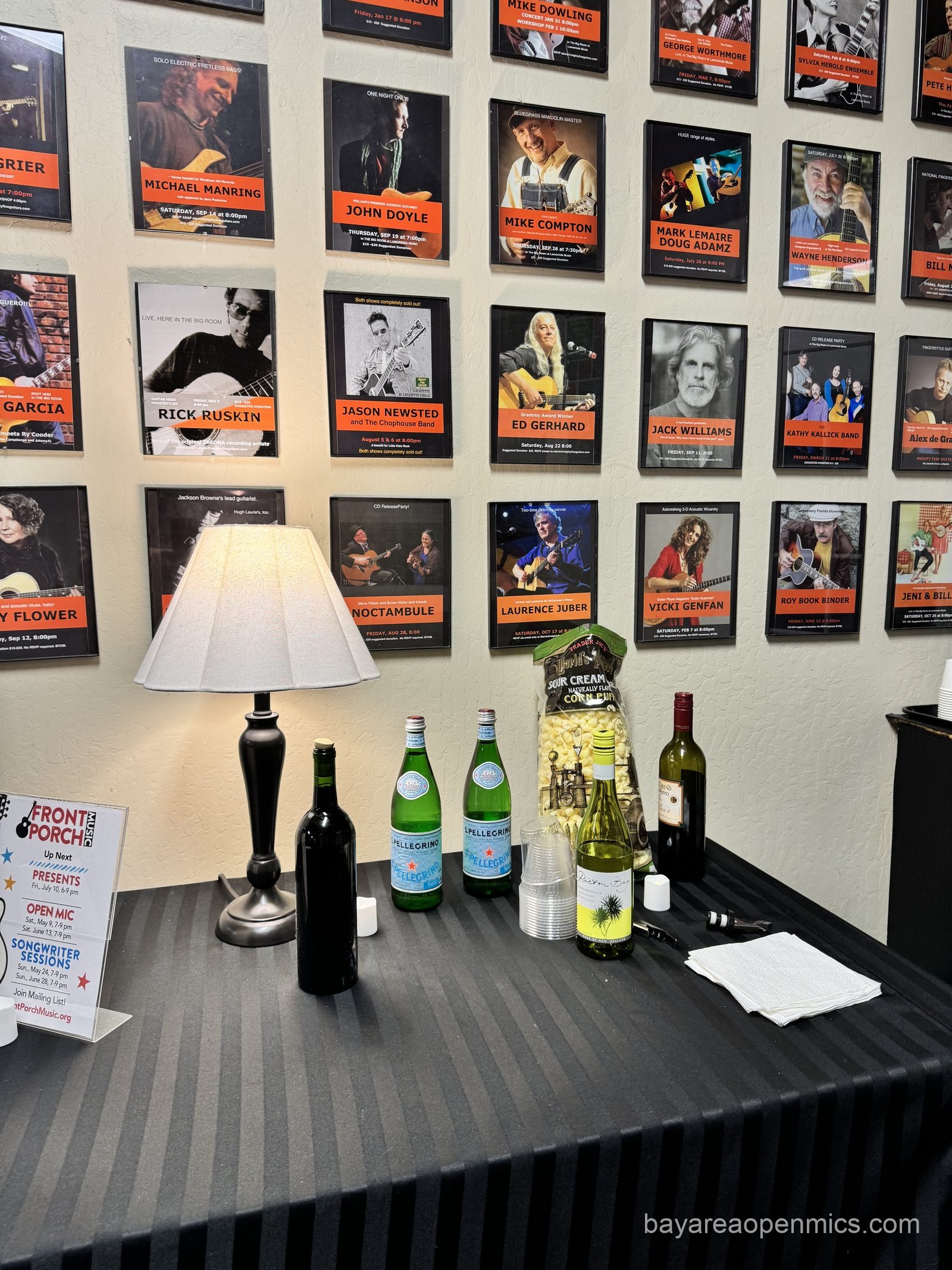 The hospitality table at the Front Porch Music open mic at Lamorinda Music in Lafayette