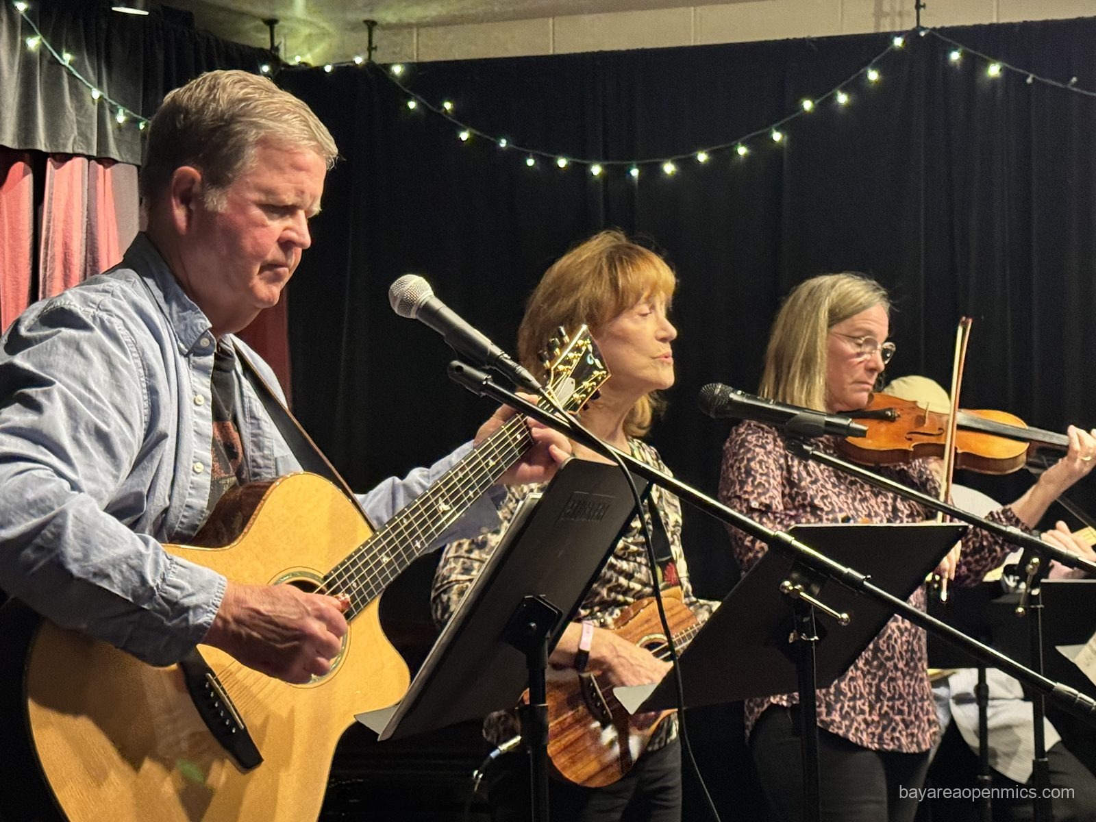 The Old Time String Band performs at the Front Porch Music open mic at Lamorinda Music in Lafayette