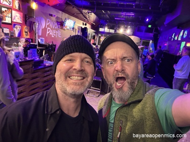 Stevenson Proffitt and Seán Lightholder standing together at Pinot's Palette open mic in Livermore