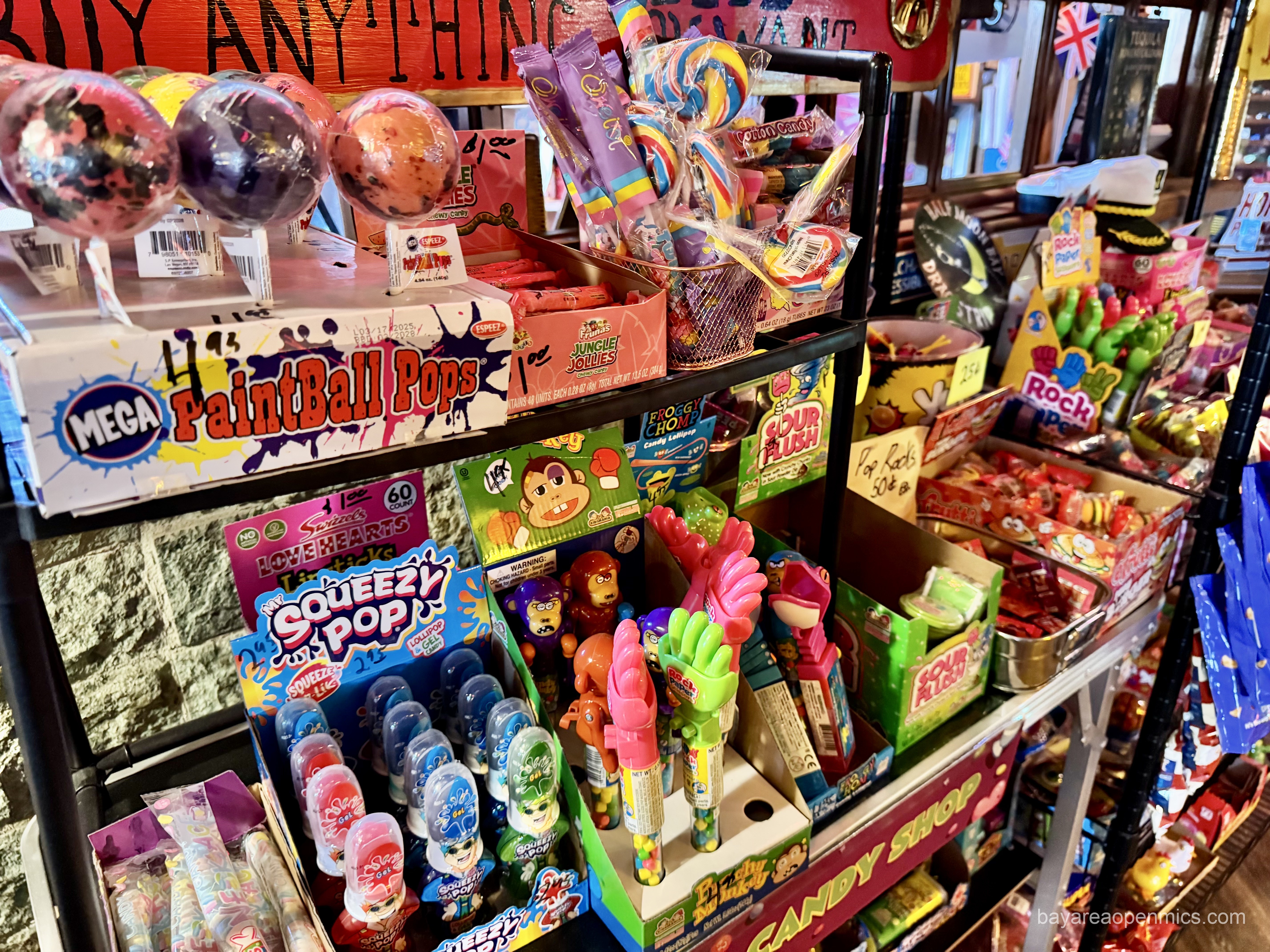 Shelves of British canned and packaged goods for sale fill an entire wall