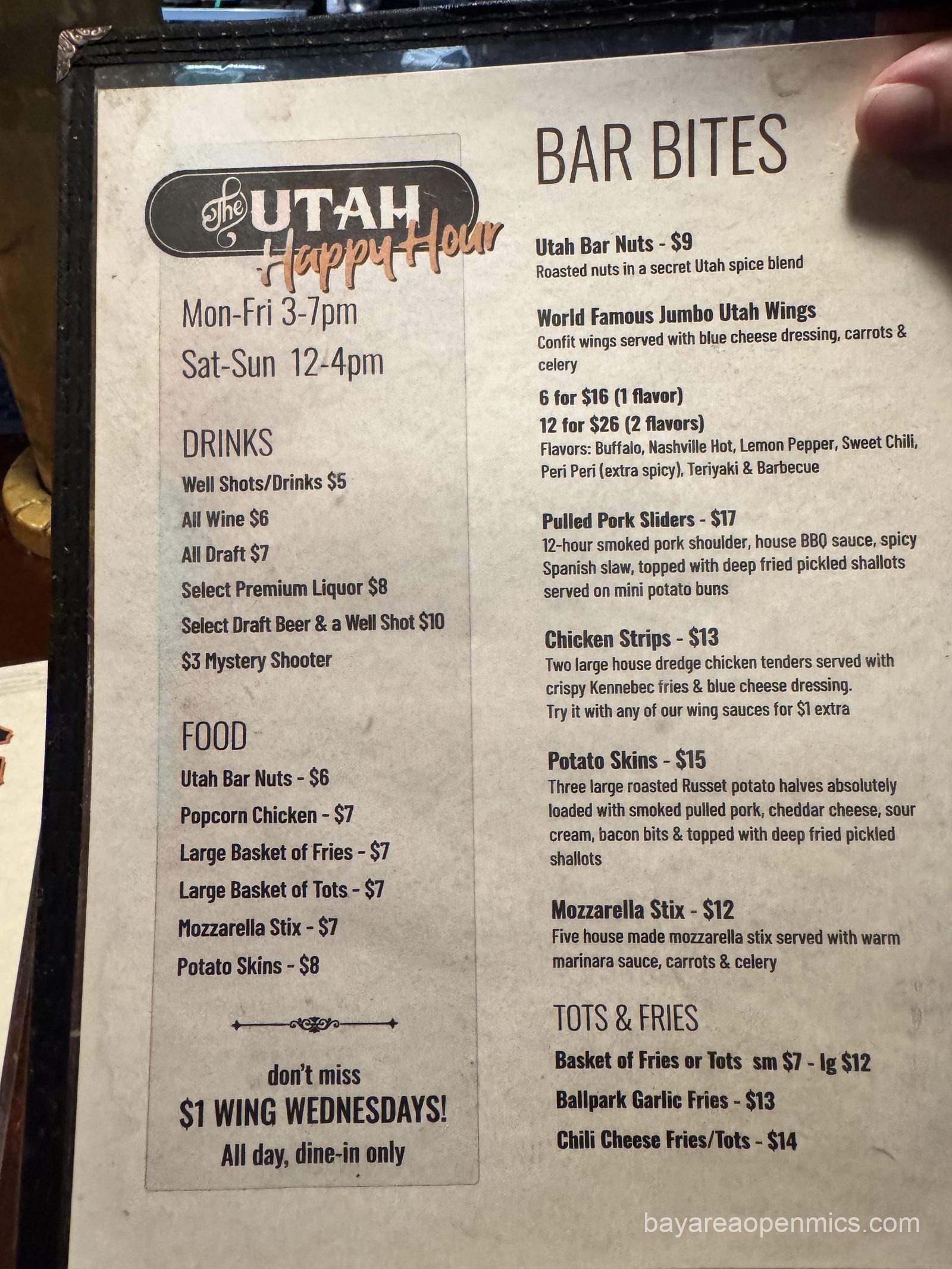 The menu at the Hotel Utah in San Francisco