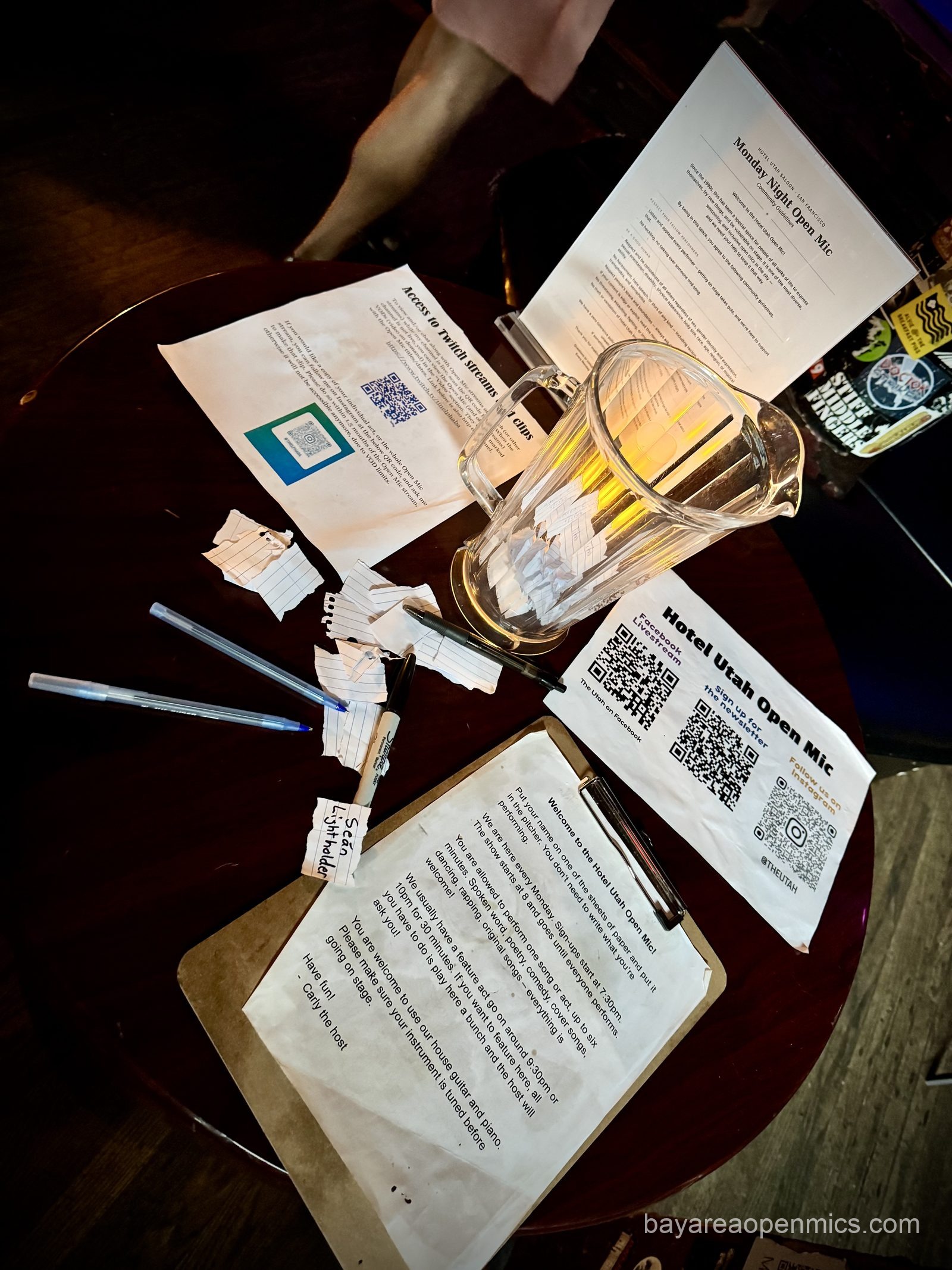 The sign-up table at the Hotel Utah open mic
