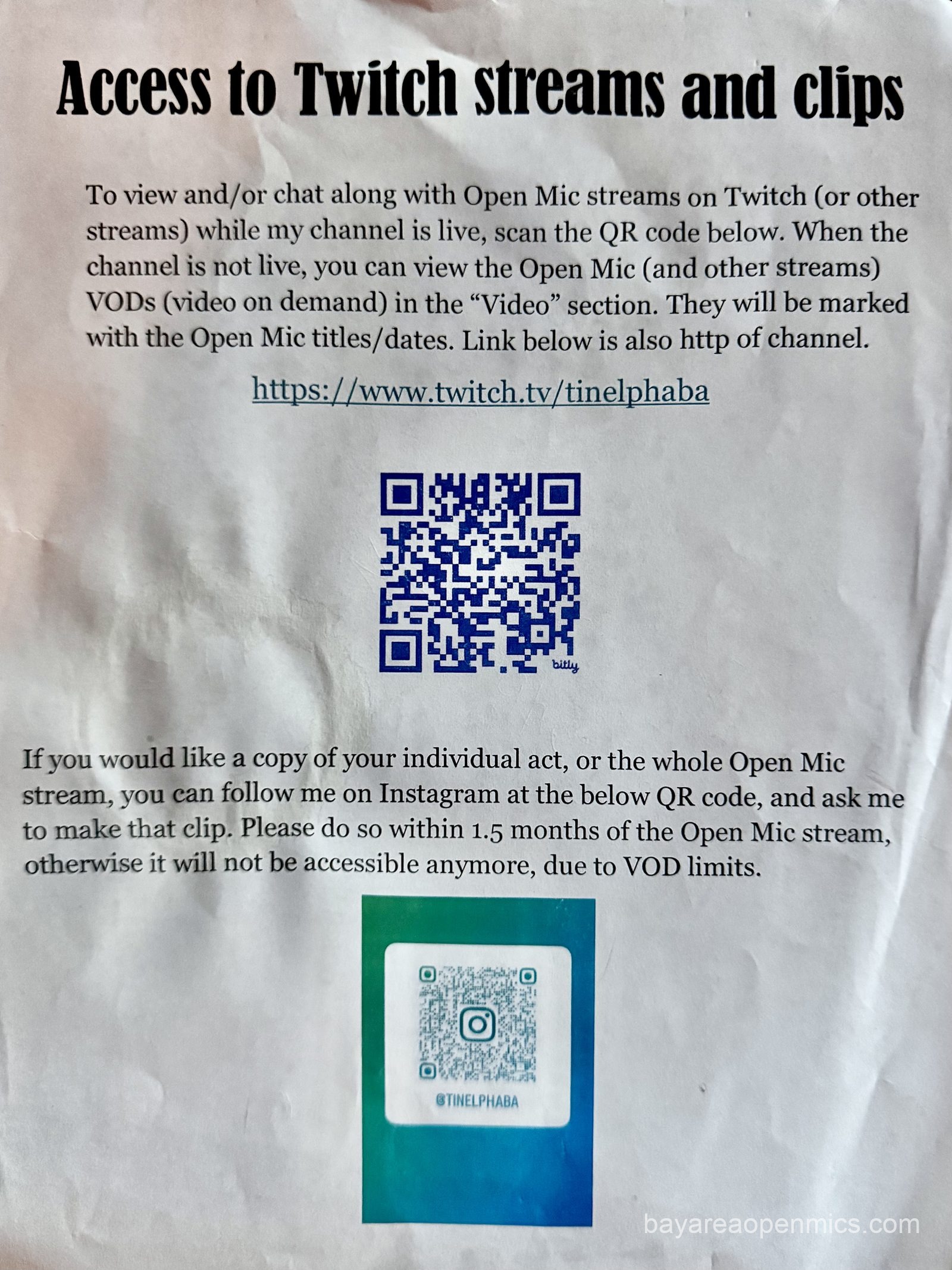 The Twitch streaming info at the Hotel Utah open mic