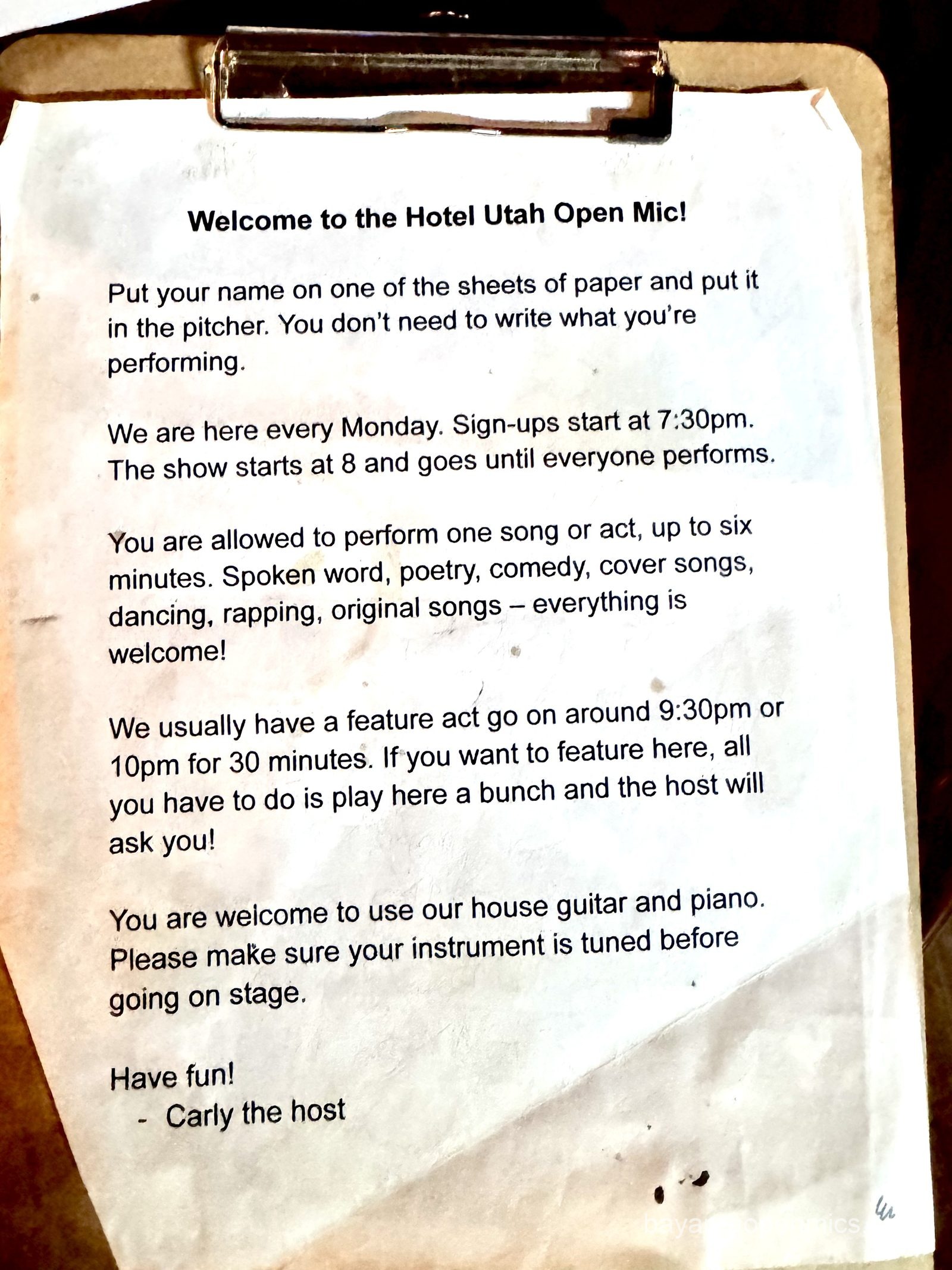 The welcome letter at the Hotel Utah open mic