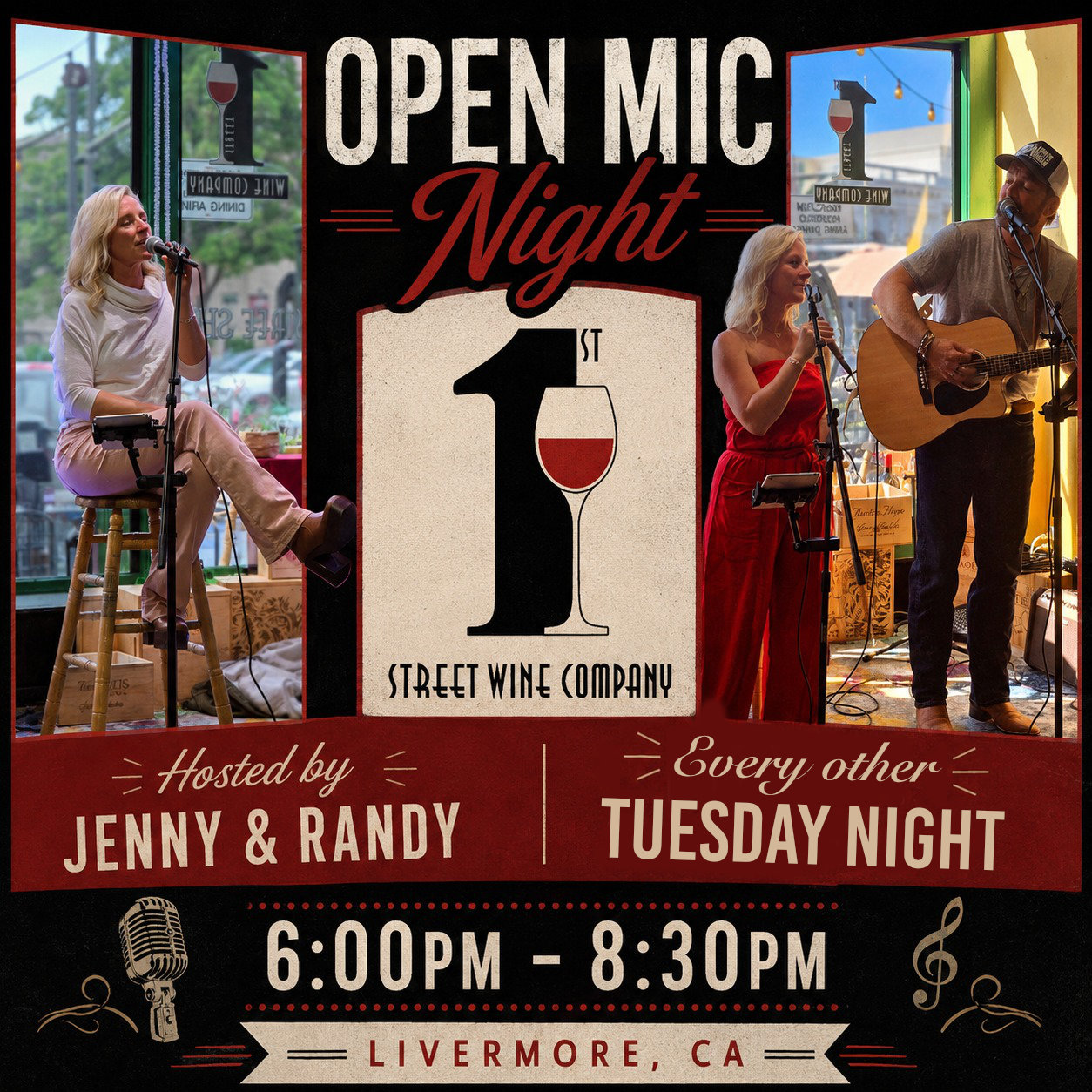Flyer for Open Mic with Randy and Jenny at 1st St Wine Co.