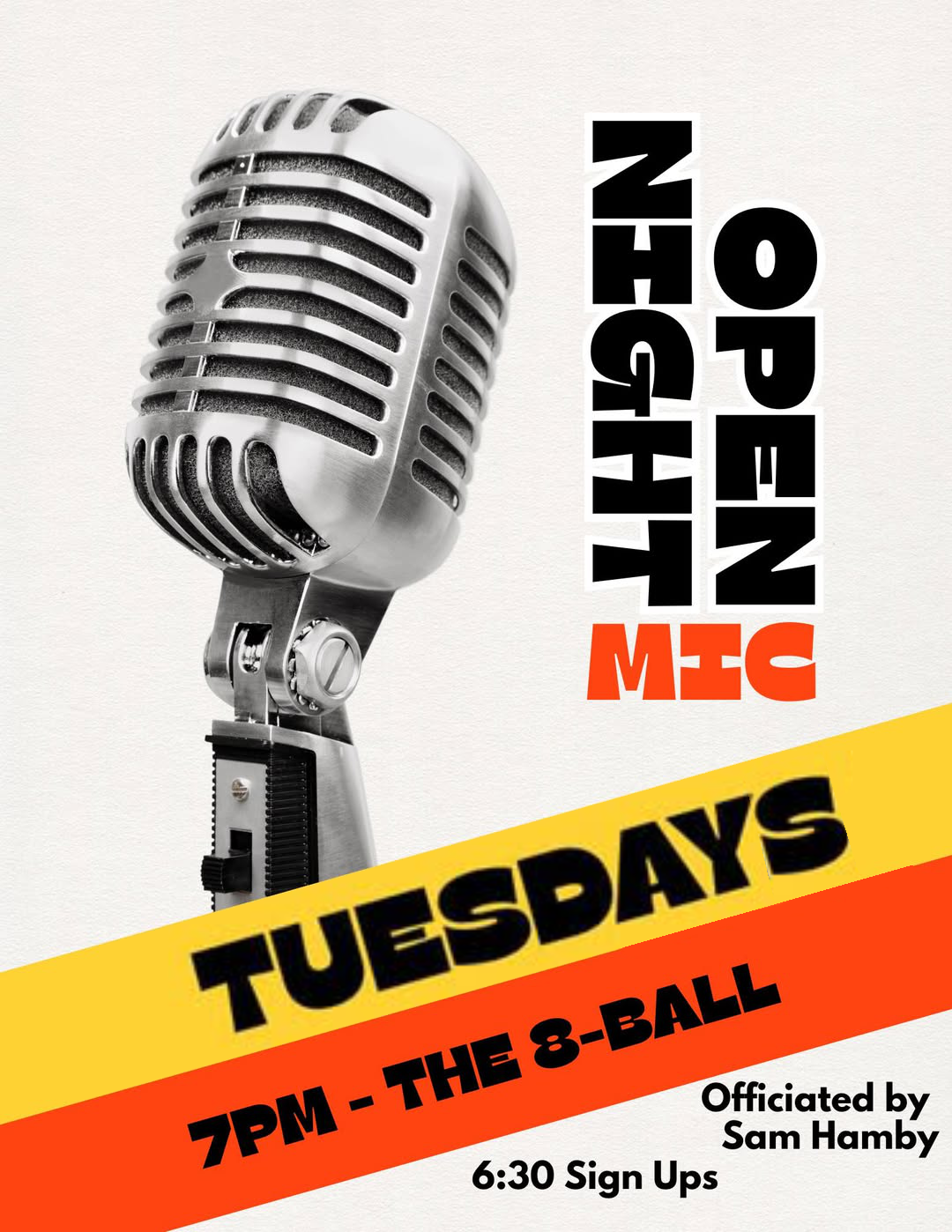 Flyer for 8-Ball Open Mic Night at 8 Ball