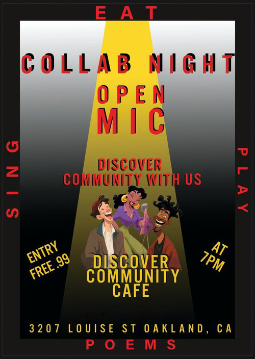 Flyer for Discovery Collab Open Mic at Discover CC