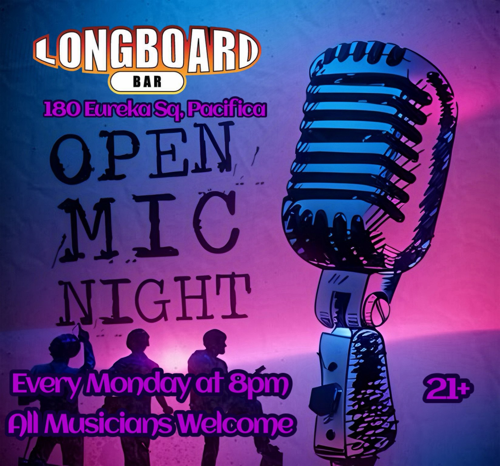 Flyer for Longboard Bar Open Mic at Longboard