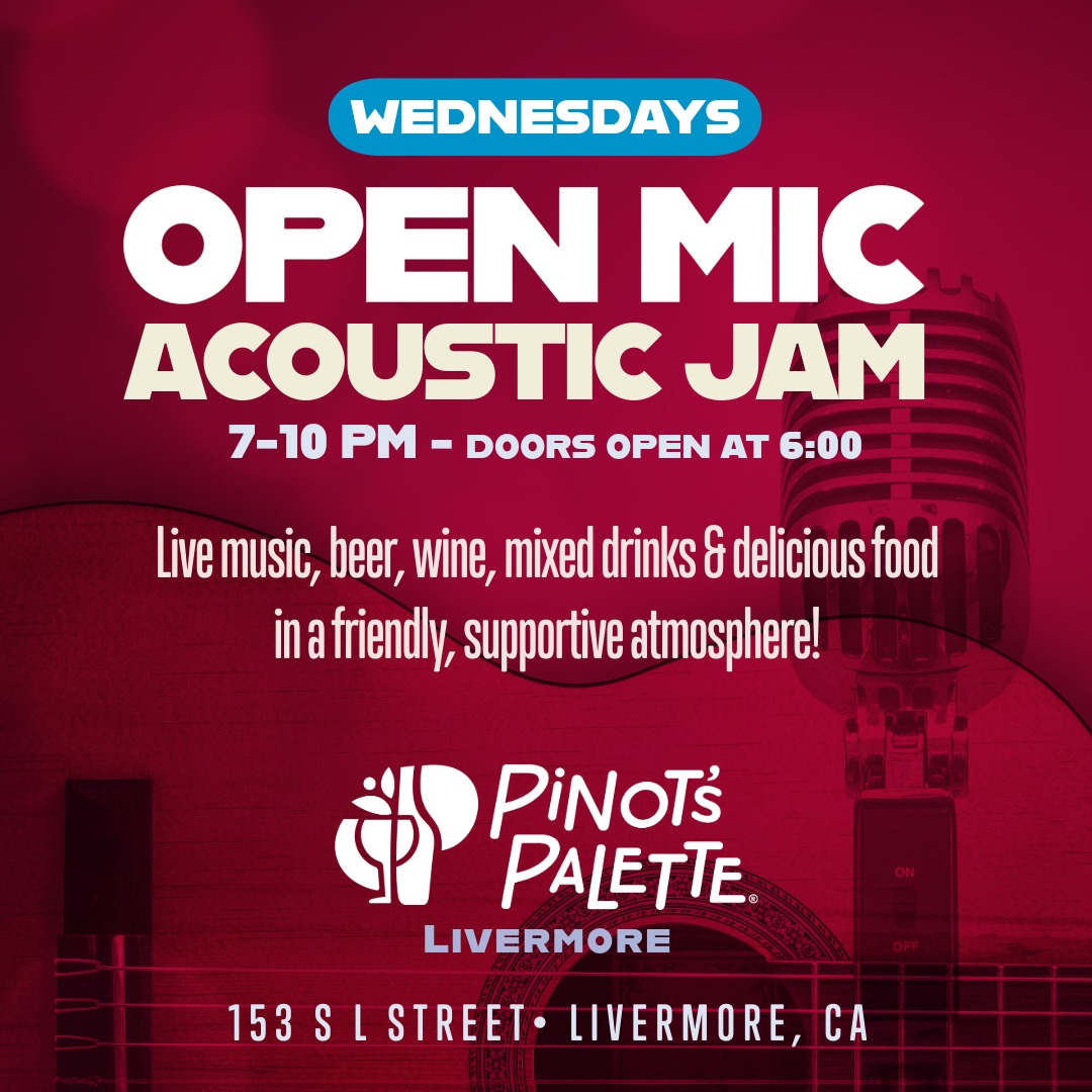 Flyer for Pinot's Acoustic Open Mic Listening Room at Pinot's