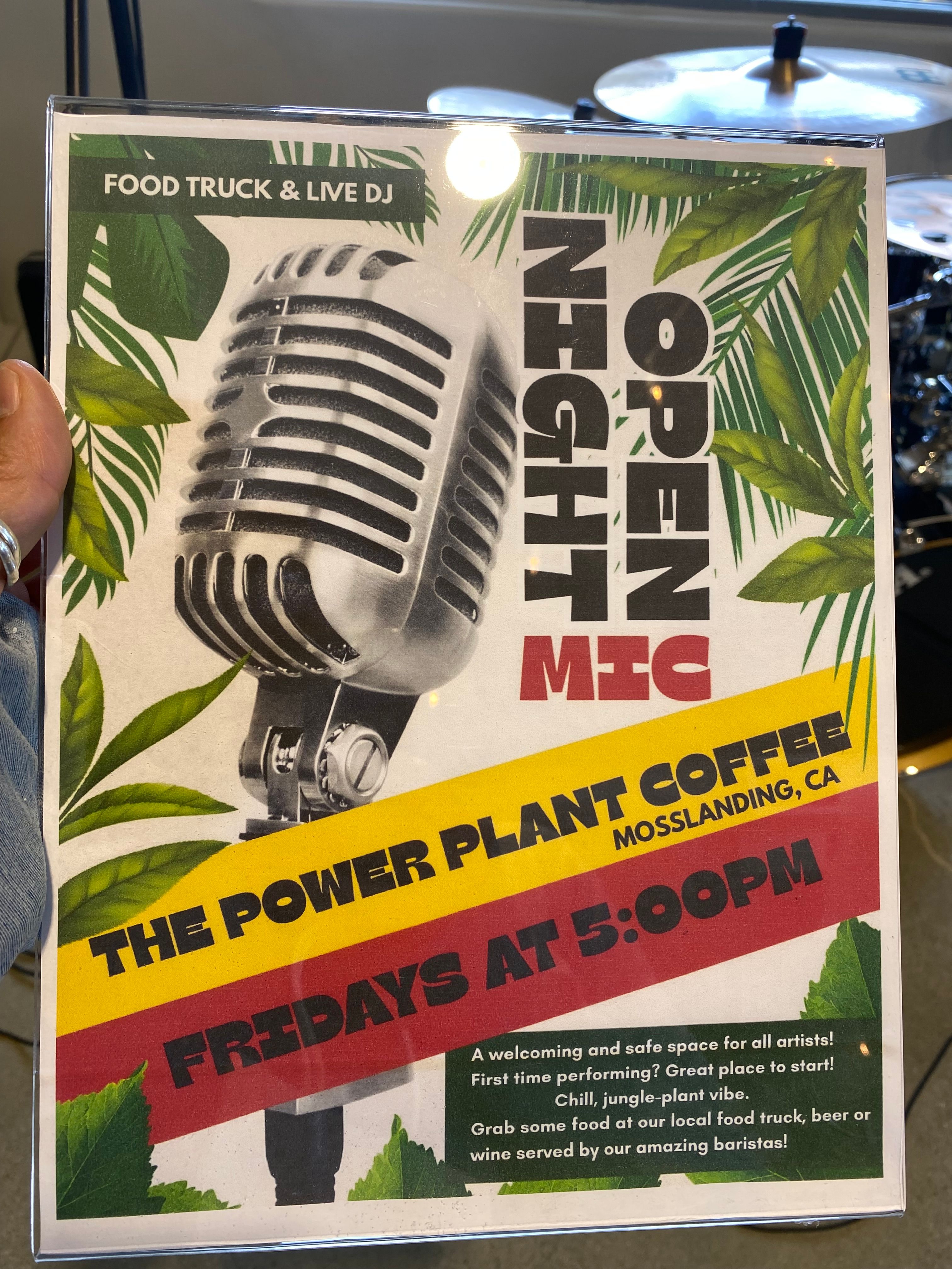 Flyer for Power Plant Coffee Open Mic Night at Power Plant Coffee
