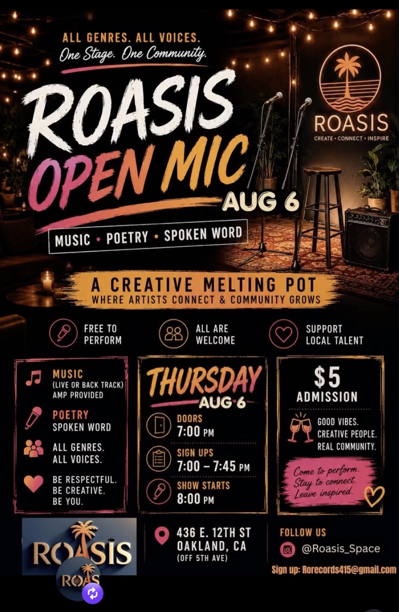 Flyer for Roasis Open Mic at Roasis