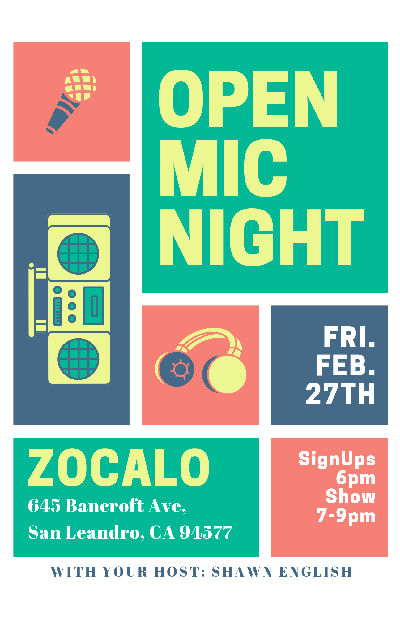 Flyer for Open Mic at Zocalo at Zocalo